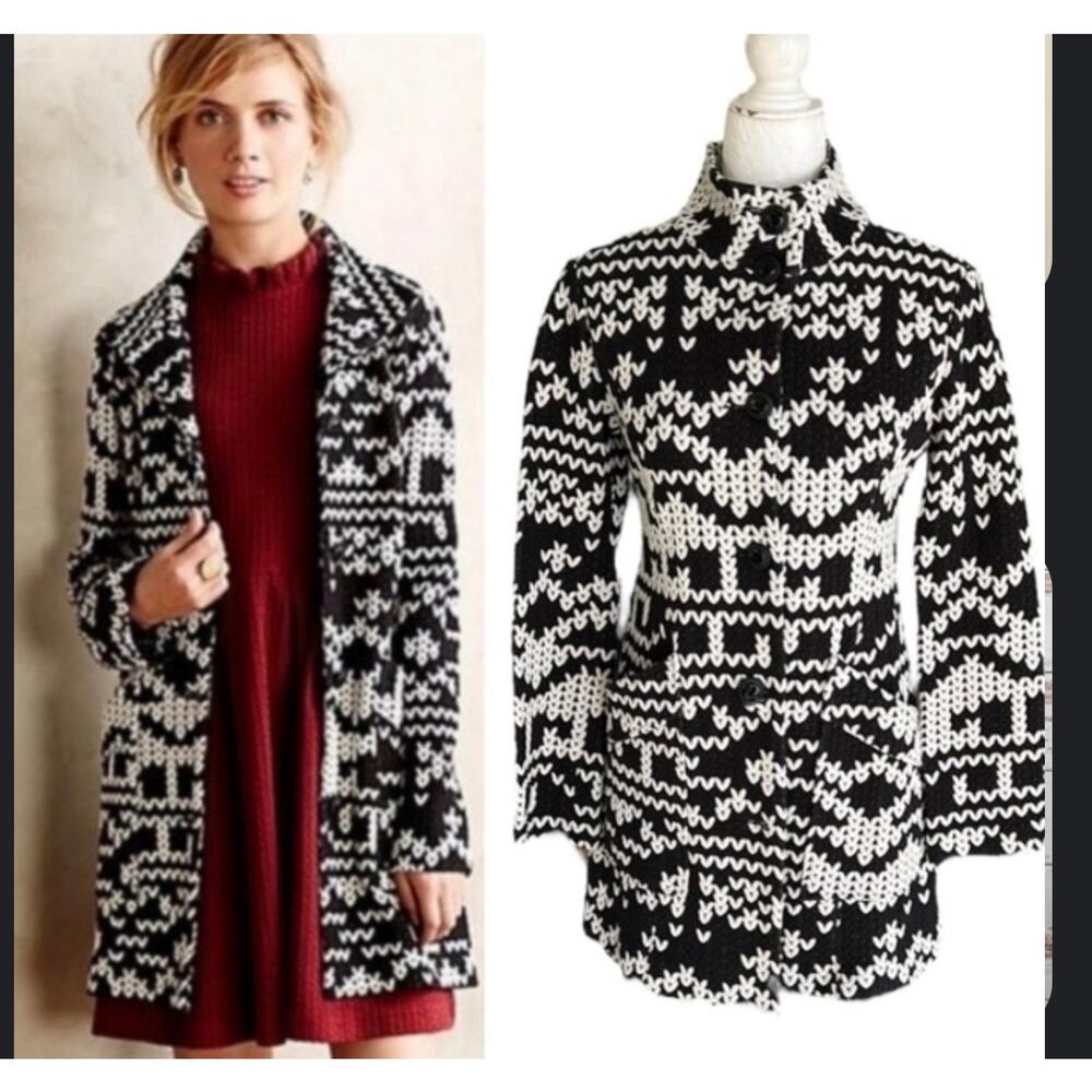Anthropologie Tabitha knit black and white patterned knit pea coat